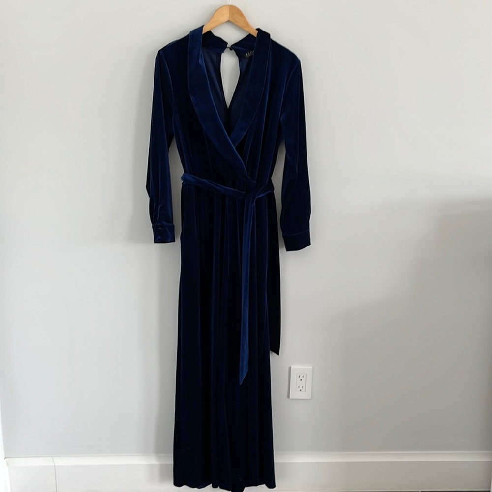 Eloquii Navy Velvet Long Sleeve Wrap Jumpsuit